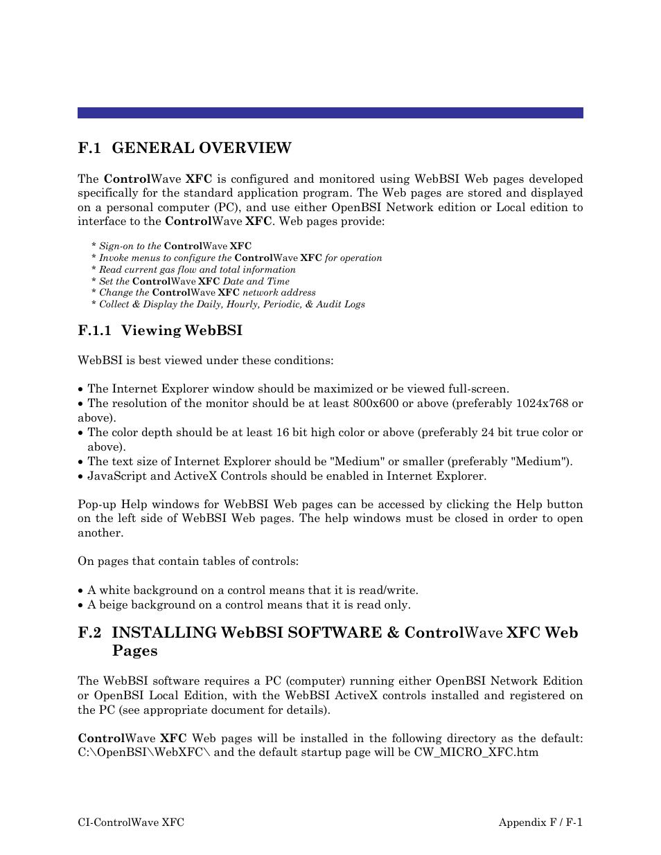 General, Using control wave xfc webbsi web pages, Appendix f | Emerson Process Management ControlWave XFC User Manual | Page 103 / 200