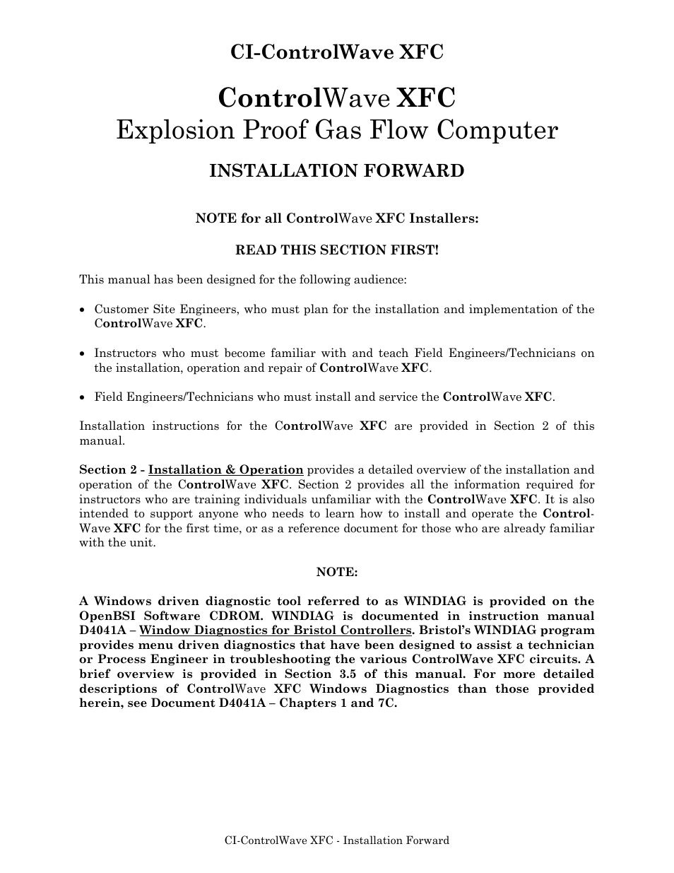 Control wave xfc explosion proof gas flow computer, Ci-controlwave xfc, Installation forward | Emerson Process Management ControlWave XFC User Manual | Page 9 / 200