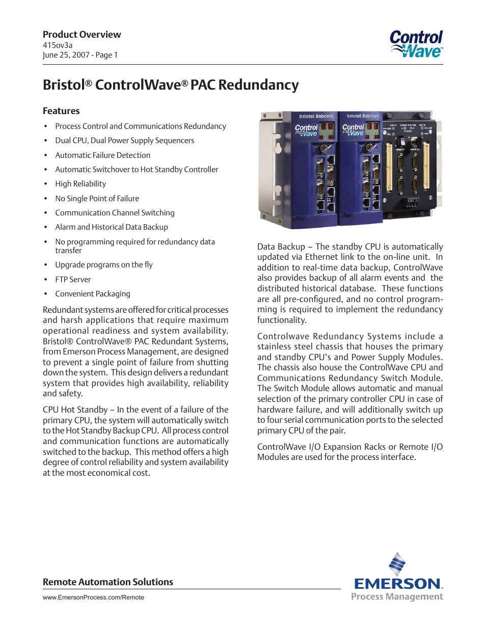 Emerson Process Management Bristol ControlWave PAC Redundancy User Manual | 2 pages