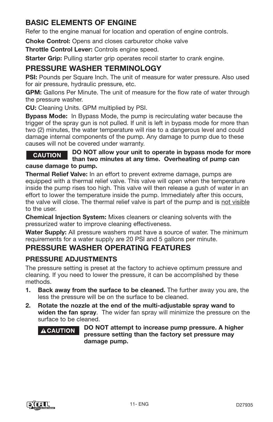 Basic elements of engine, Pressure washer terminology, Pressure washer operating features | Excell Precision VR2300 User Manual | Page 11 / 22