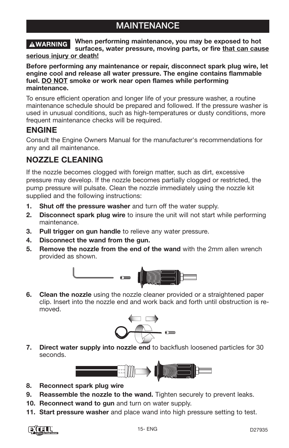 Maintenance, Engine, Nozzle cleaning | Excell Precision VR2300 User Manual | Page 15 / 22
