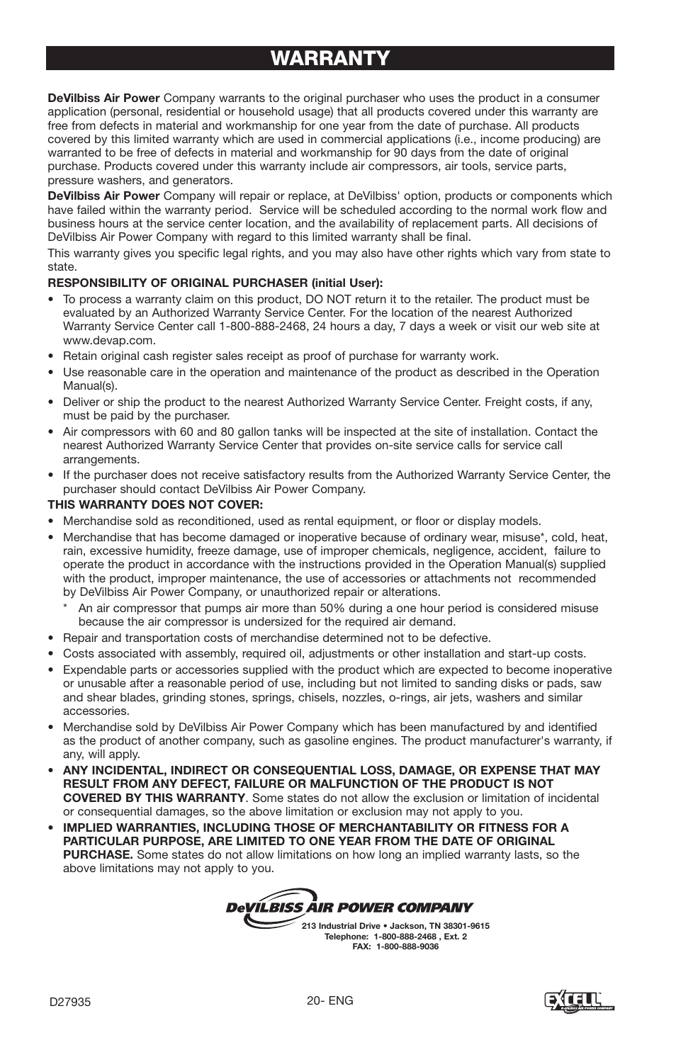 Warranty | Excell Precision VR2300 User Manual | Page 20 / 22