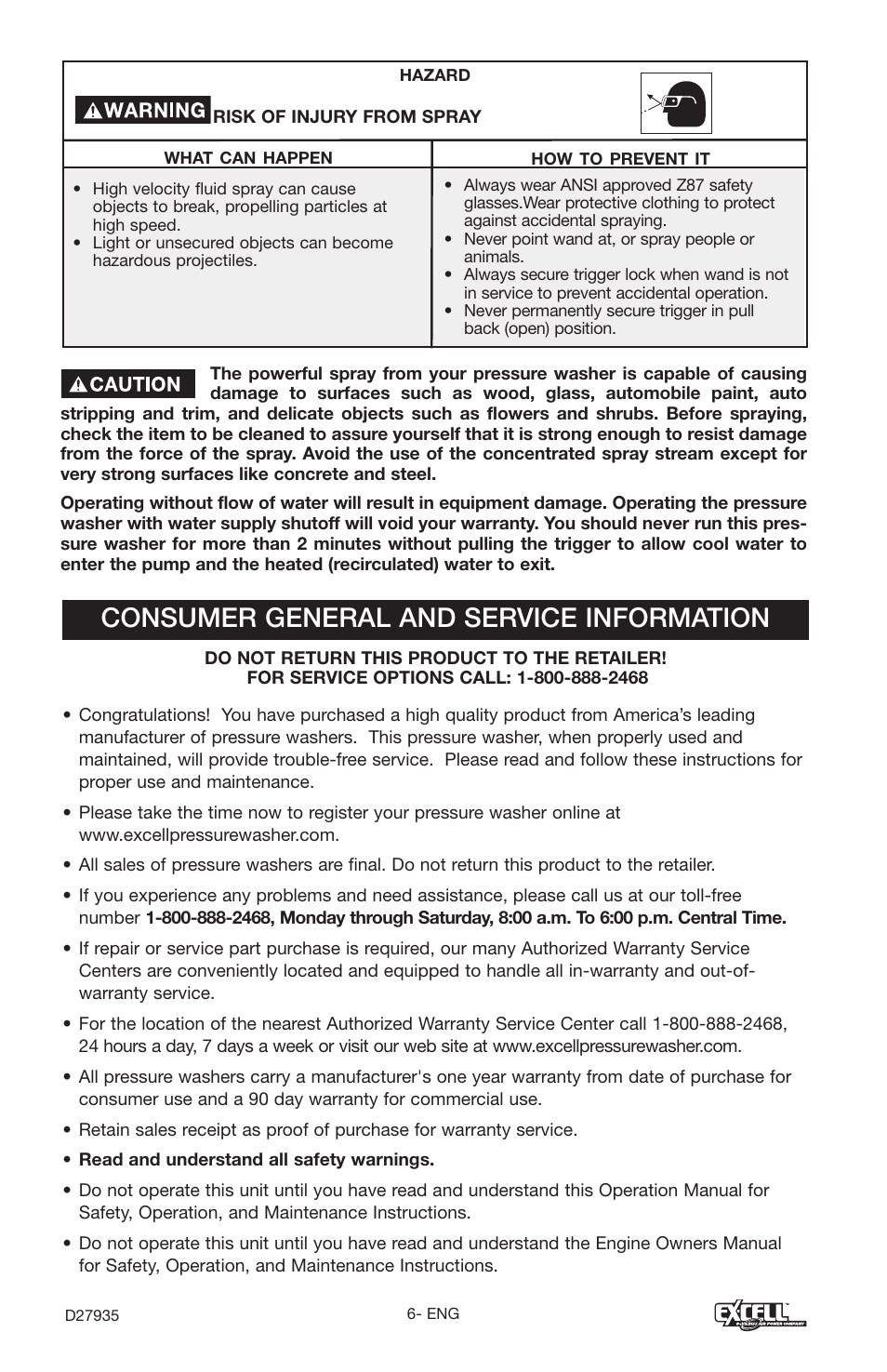 Consumer general and service information | Excell Precision VR2300 User Manual | Page 6 / 22