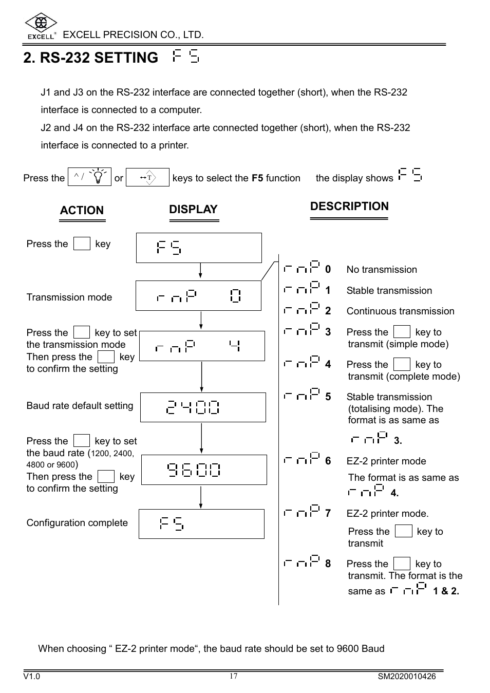 Rs-232 setting, Action display description | Excell Precision DIGITAL HIGH PRECISION WEIGHING SCALES User Manual | Page 19 / 26