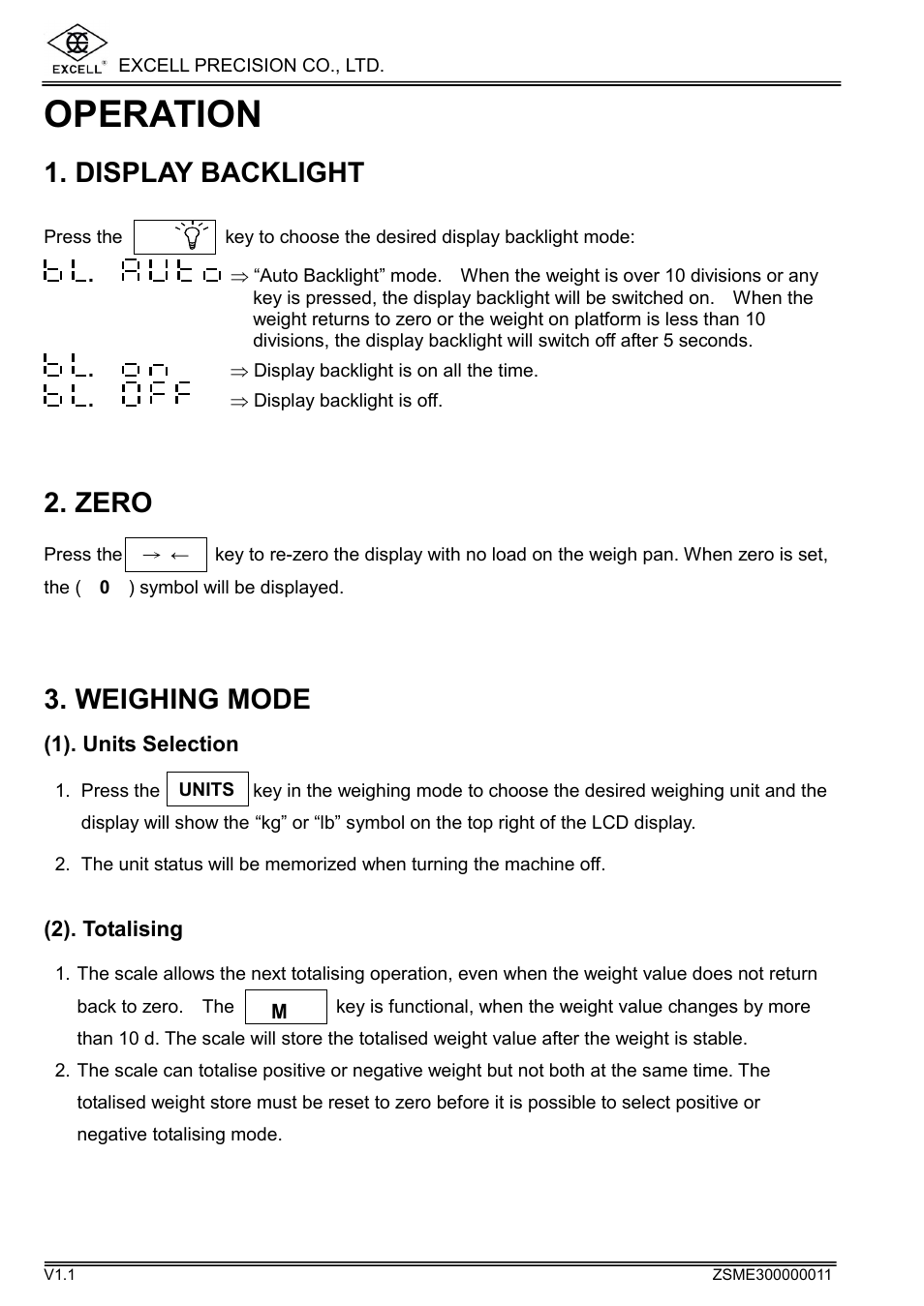 Operation, Display backlight, Zero | Weighing mode | Excell Precision WEIGHING SCALES User Manual | Page 10 / 26