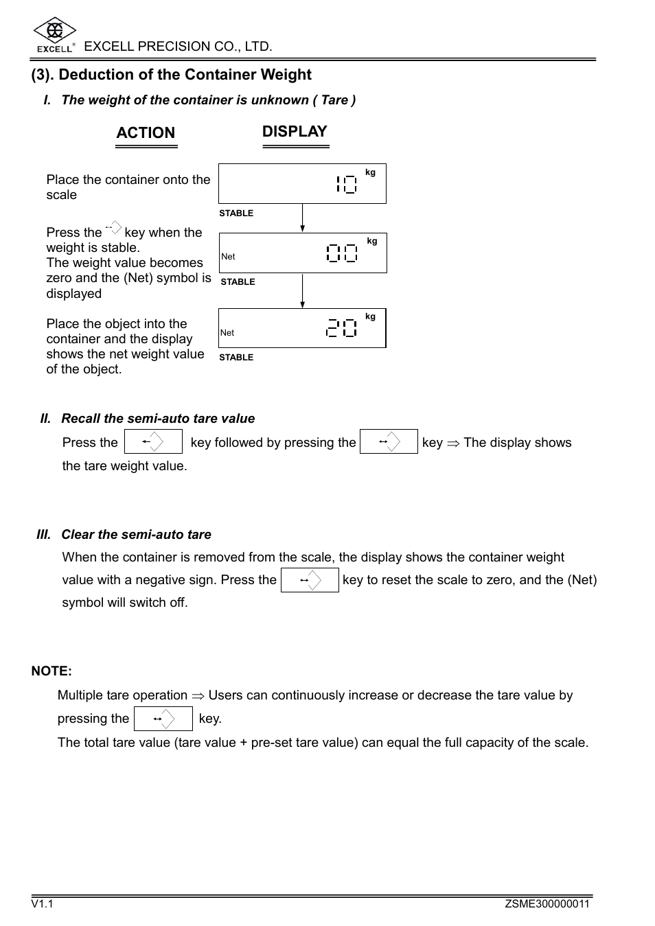 3). deduction of the container weight, Action display | Excell Precision WEIGHING SCALES User Manual | Page 12 / 26