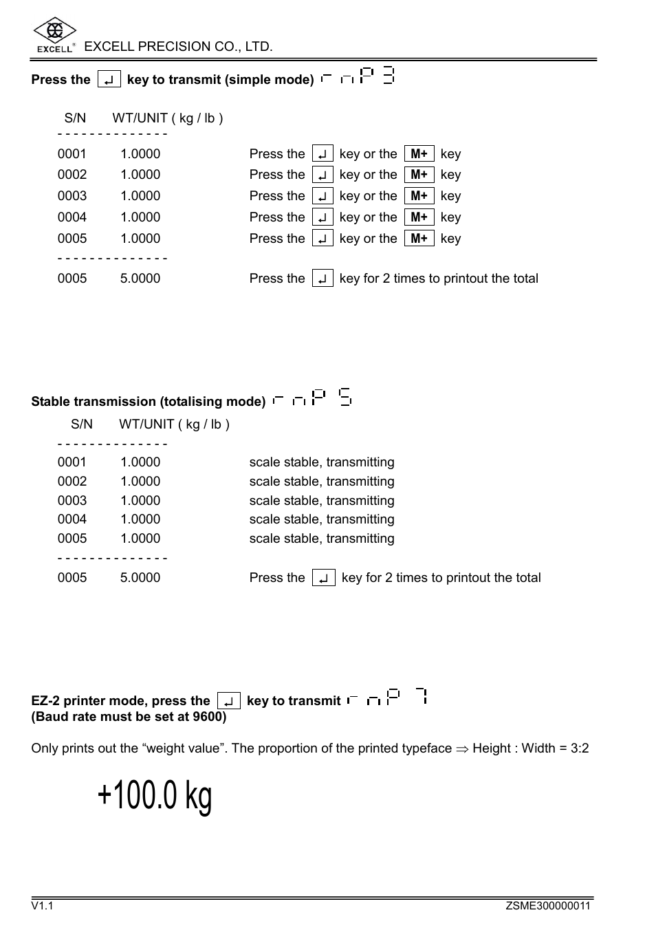 0 kg, Excell precision co., ltd, Press the ¿ key to transmit (simple mode) | S/n wt/unit ( kg / lb ), Stable transmission (totalising mode) | Excell Precision WEIGHING SCALES User Manual | Page 23 / 26