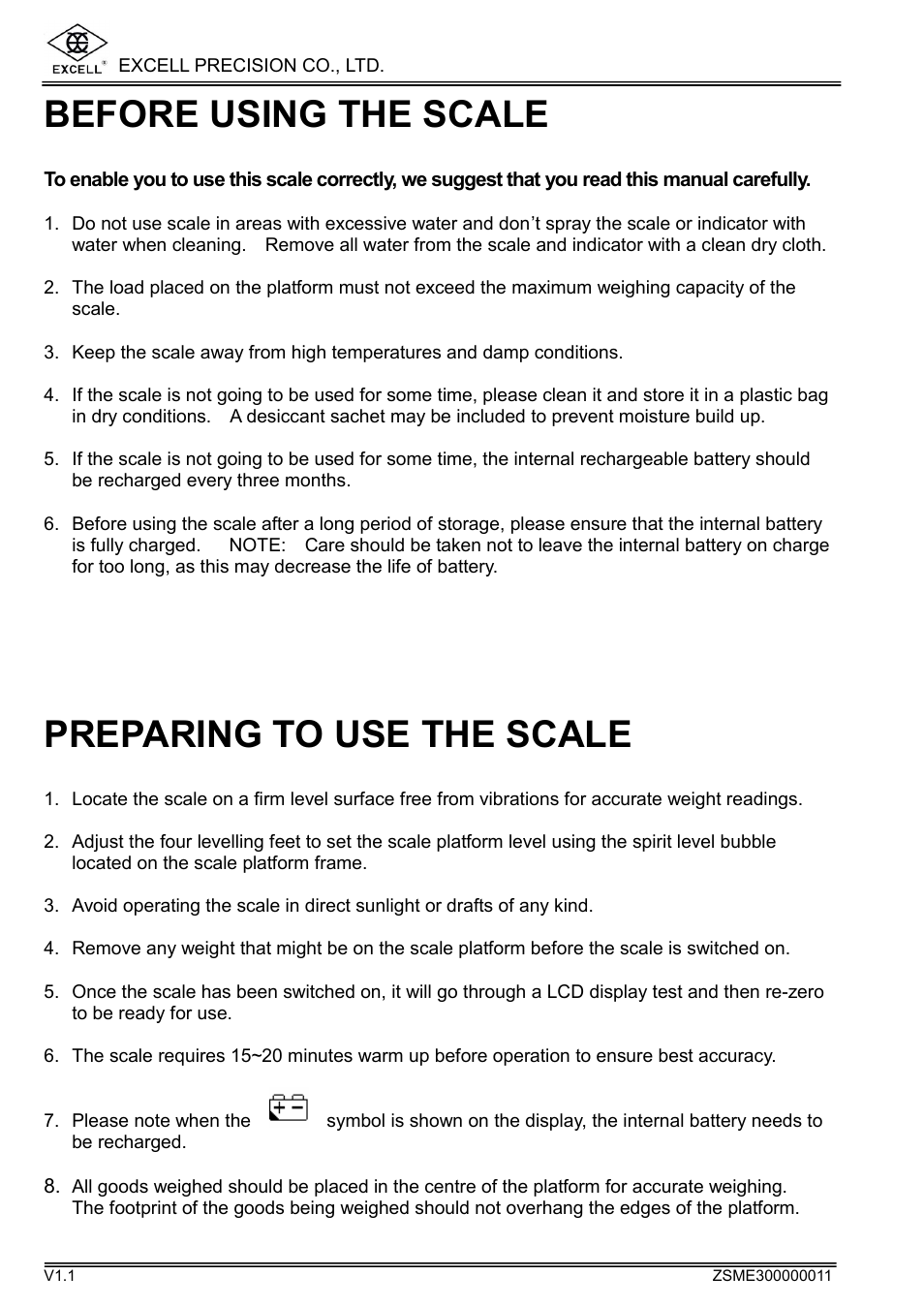 Before using the scale, Preparing to use the scale | Excell Precision WEIGHING SCALES User Manual | Page 5 / 26