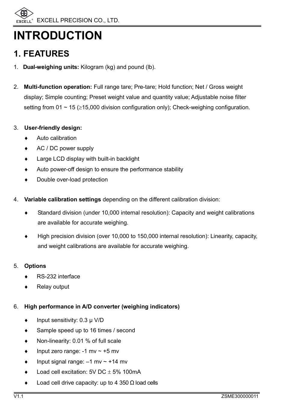 Introduction, Features | Excell Precision WEIGHING SCALES User Manual | Page 6 / 26
