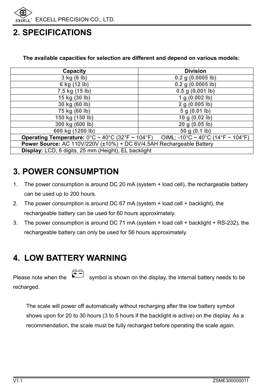 Specifications, Power consumption, Low battery warning | Excell Precision WEIGHING SCALES User Manual | Page 7 / 26