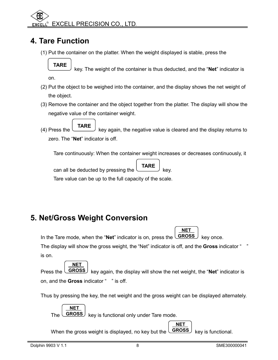 Tare function, Net/gross weight conversion | Excell Precision 9903 Dolphin II User Manual | Page 10 / 21