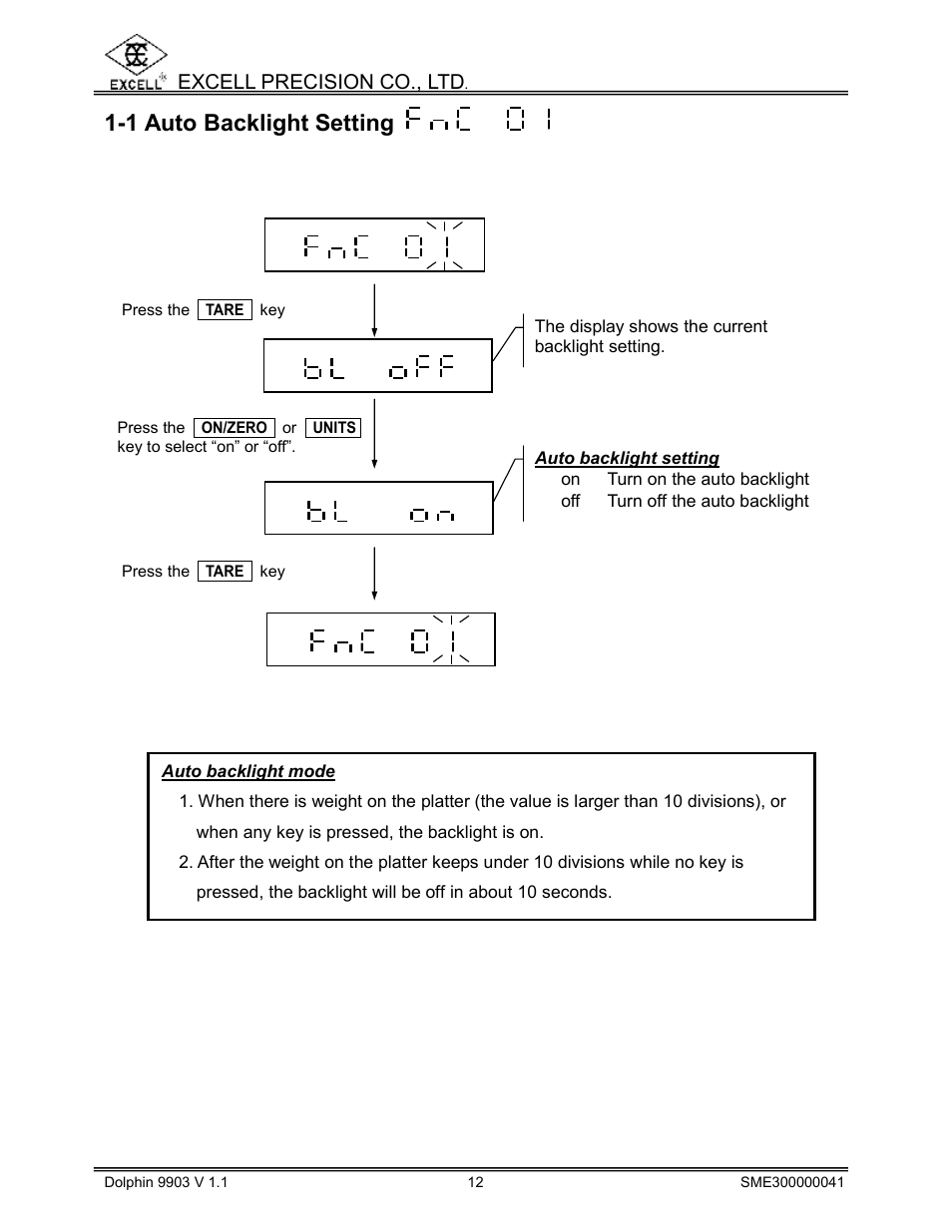 1 auto backlight setting, Excell precision co., ltd | Excell Precision 9903 Dolphin II User Manual | Page 14 / 21