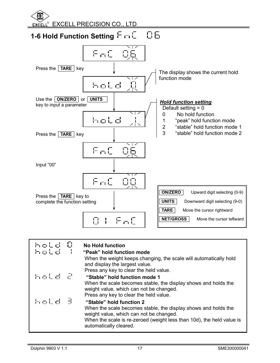 6 hold function setting, Excell precision co., ltd | Excell Precision 9903 Dolphin II User Manual | Page 19 / 21