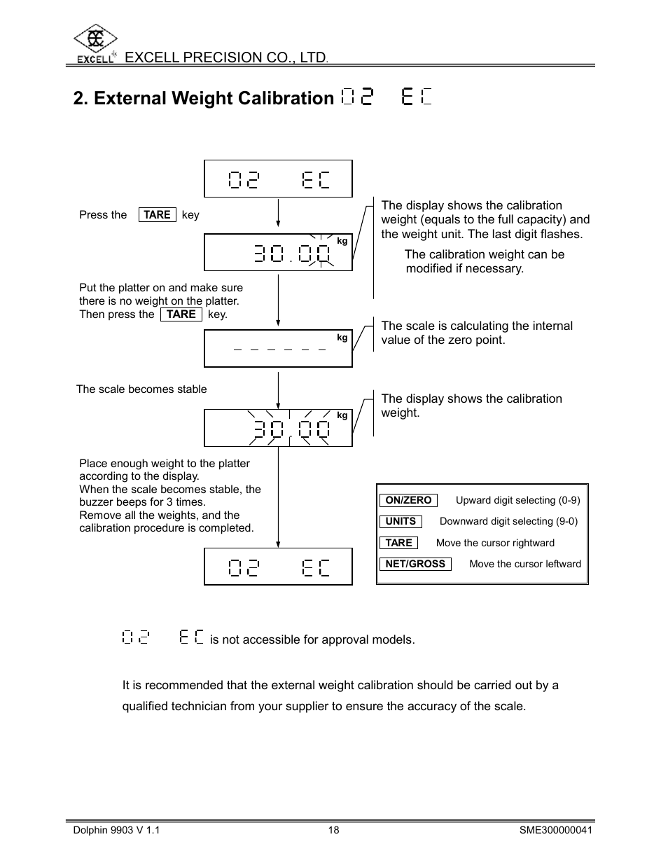 External weight calibration, Excell precision co., ltd | Excell Precision 9903 Dolphin II User Manual | Page 20 / 21