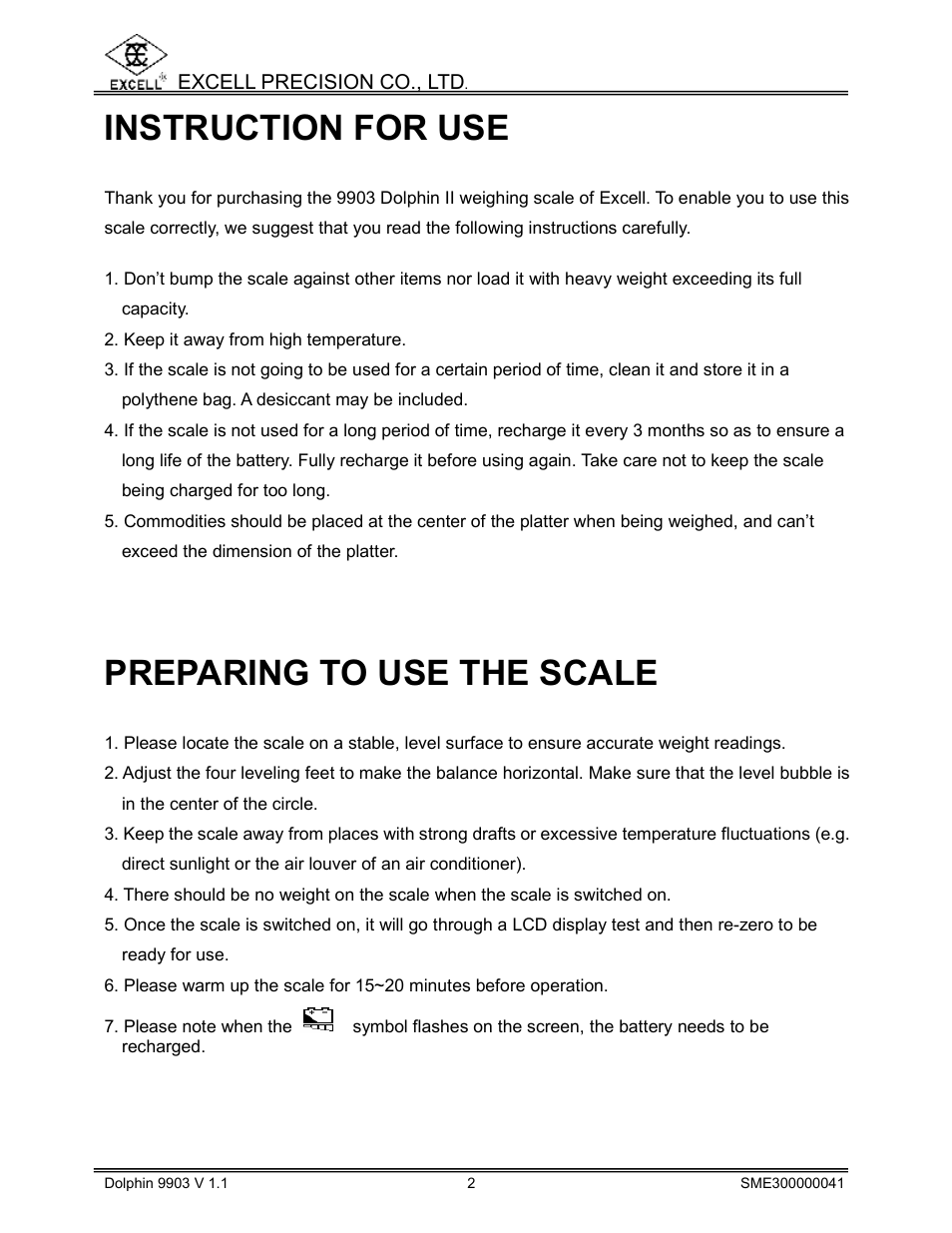 Instruction for use, Preparing to use the scale | Excell Precision 9903 Dolphin II User Manual | Page 4 / 21