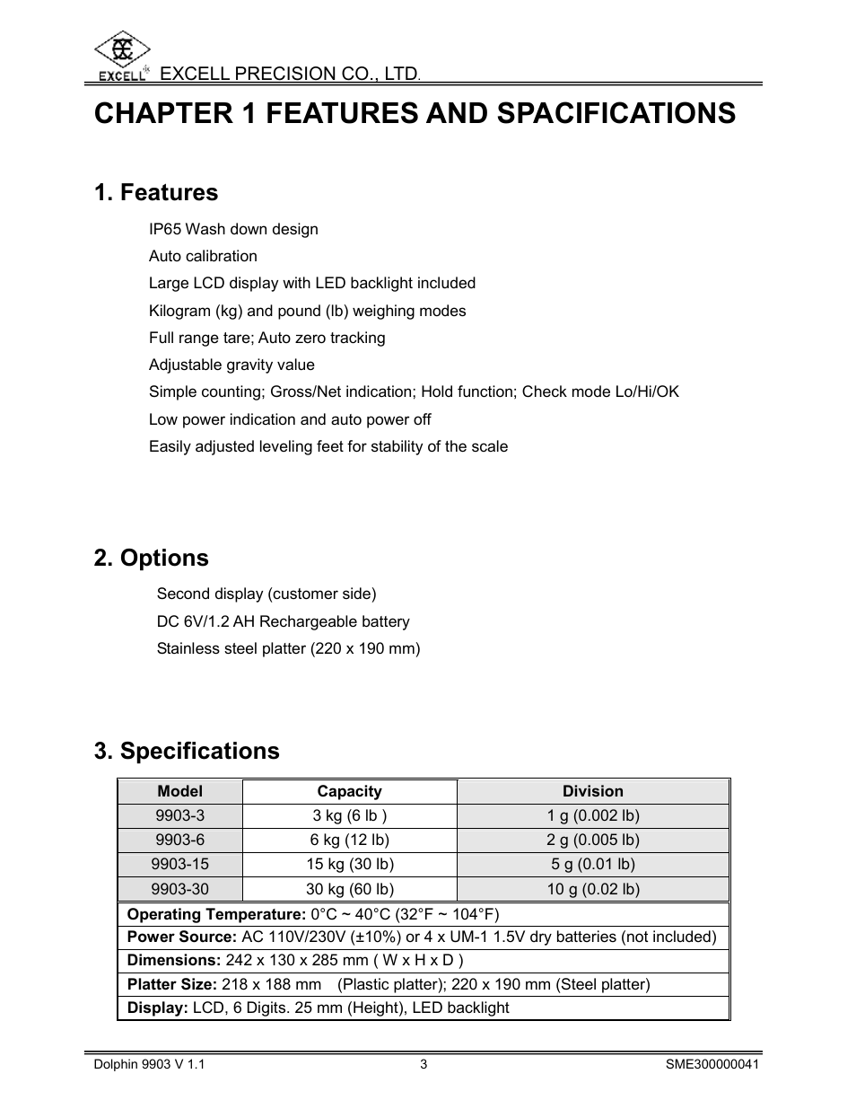 Chapter 1 features and spacifications, Features, Options | Specifications | Excell Precision 9903 Dolphin II User Manual | Page 5 / 21