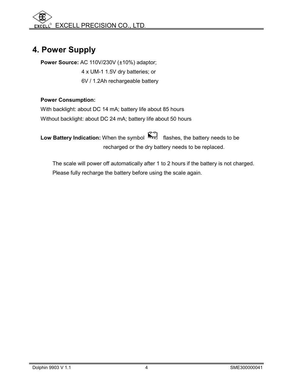 Power supply | Excell Precision 9903 Dolphin II User Manual | Page 6 / 21