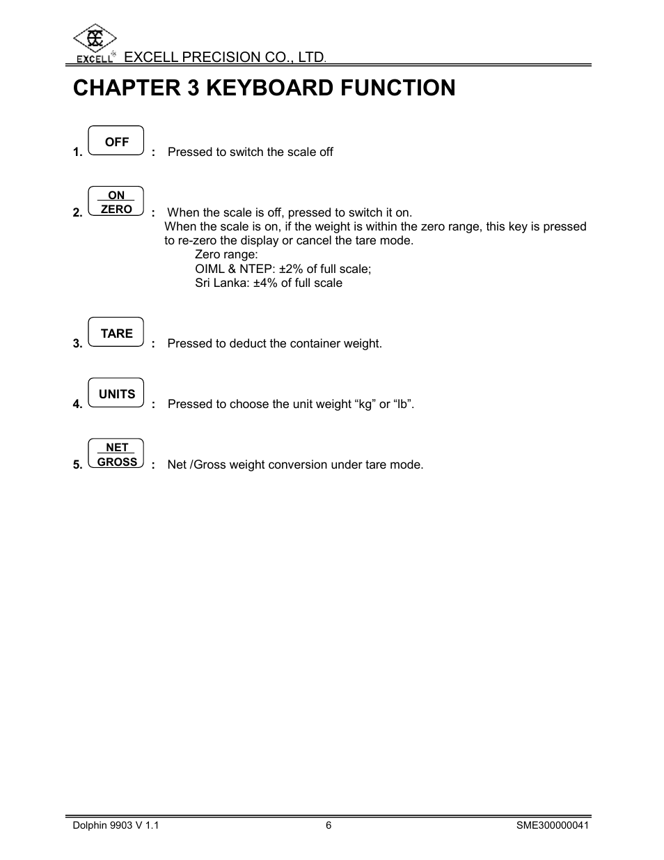 Chapter 3 keyboard function | Excell Precision 9903 Dolphin II User Manual | Page 8 / 21