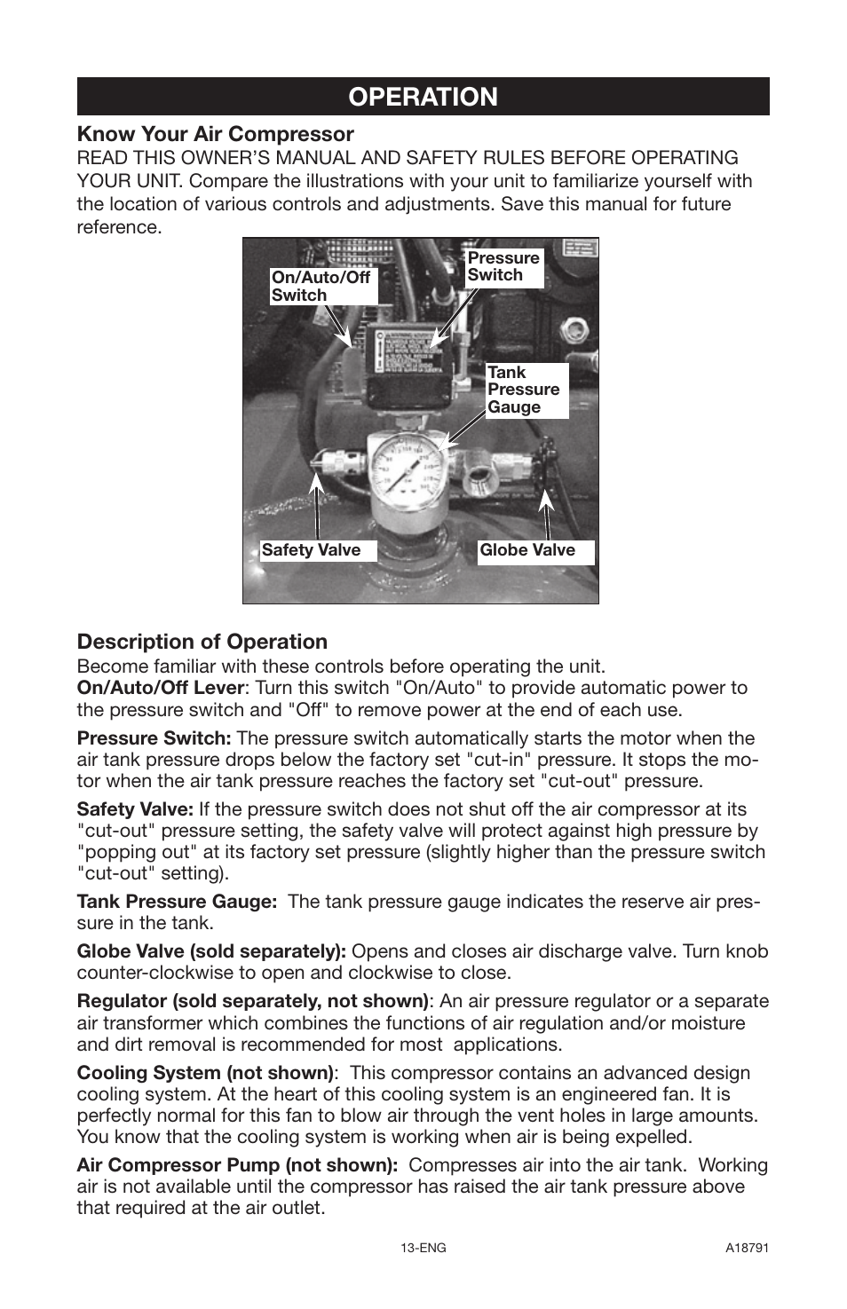Operation, Know your air compressor, Description of operation | Excell Precision E7540 User Manual | Page 13 / 78