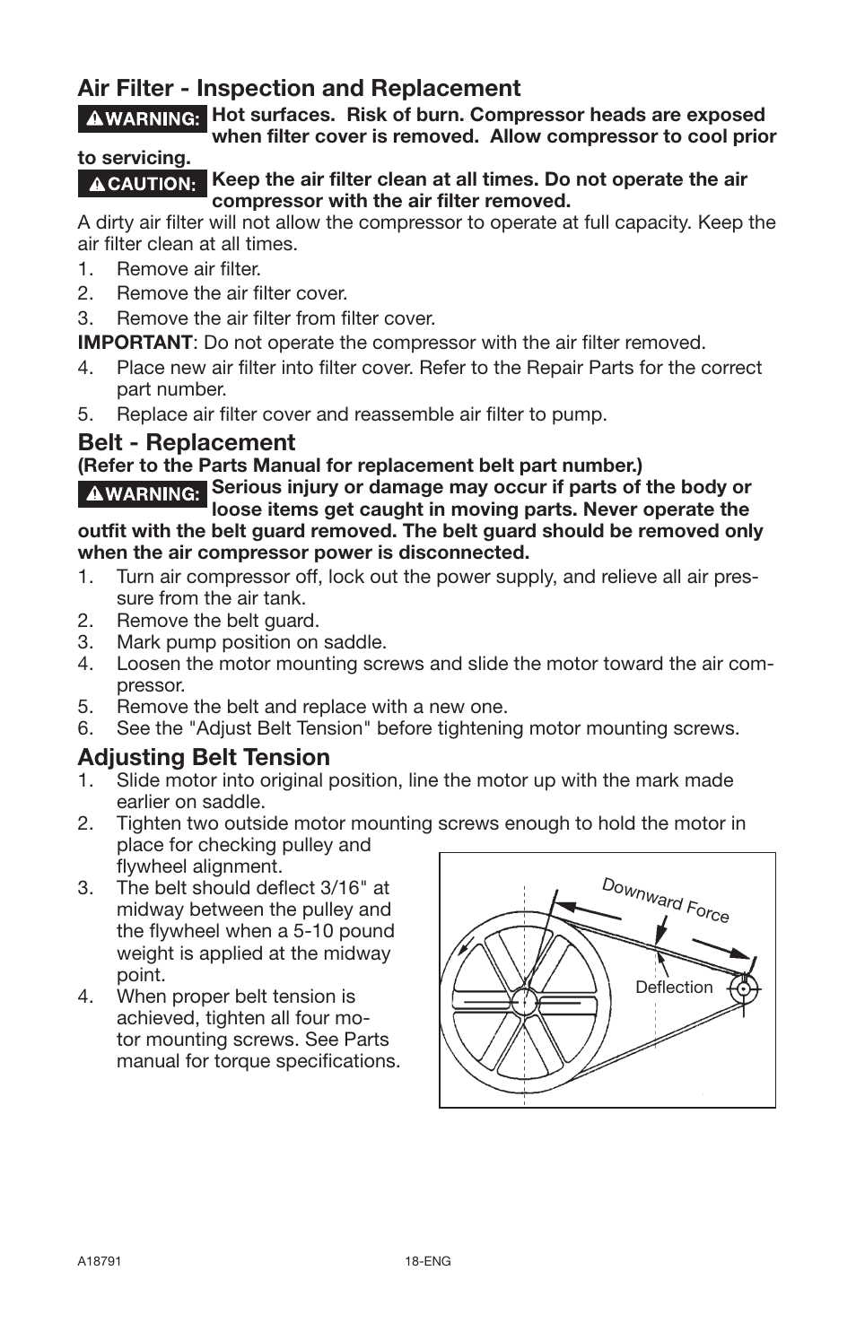 Air filter - inspection and replacement, Belt - replacement, Adjusting belt tension | Excell Precision E7540 User Manual | Page 18 / 78