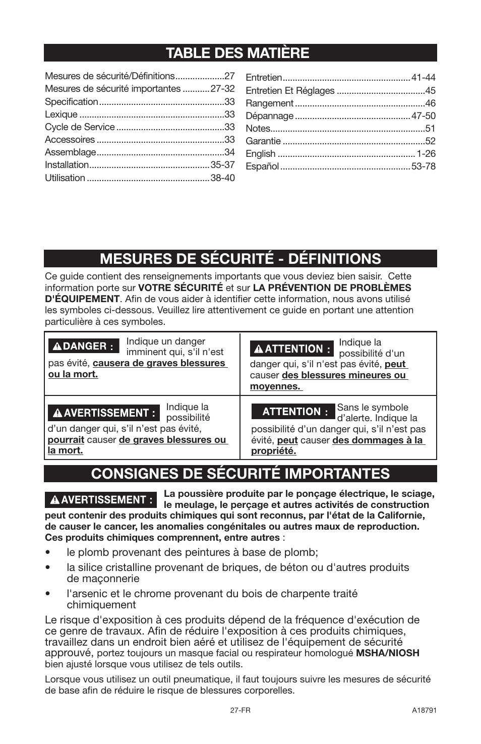 Consignes de sécurité importantes, Mesures de sécurité - définitions, Table des matière | Excell Precision E7540 User Manual | Page 27 / 78