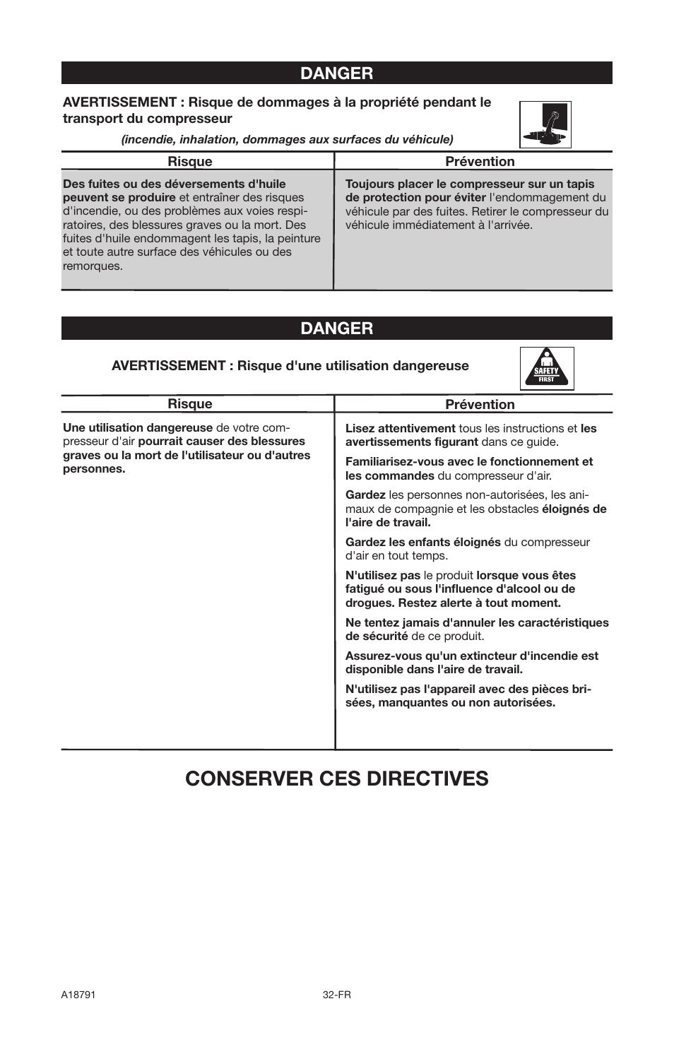 Conserver ces directives, Danger | Excell Precision E7540 User Manual | Page 32 / 78