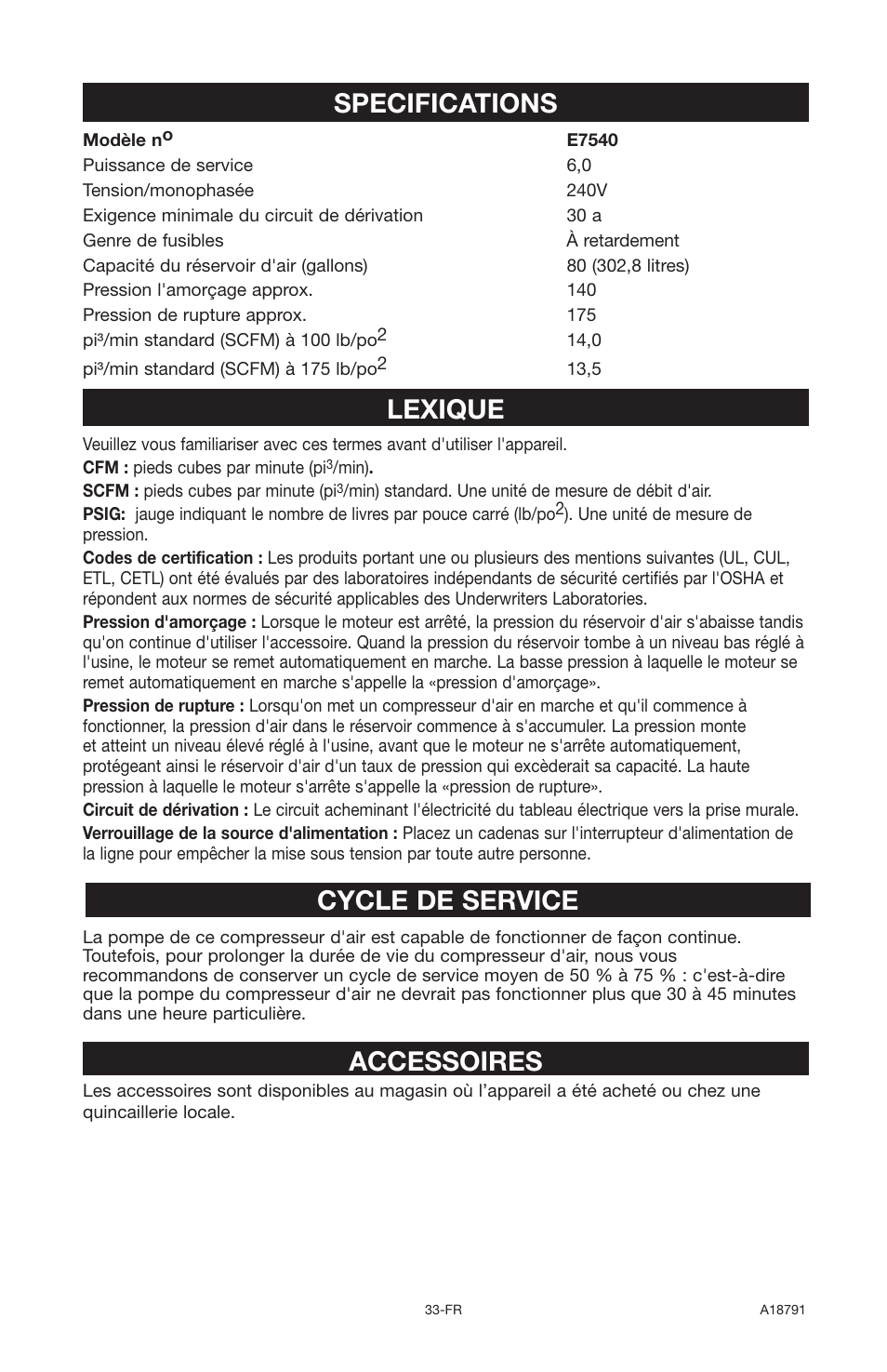 Specifications, Lexique, Cycle de service | Accessoires | Excell Precision E7540 User Manual | Page 33 / 78