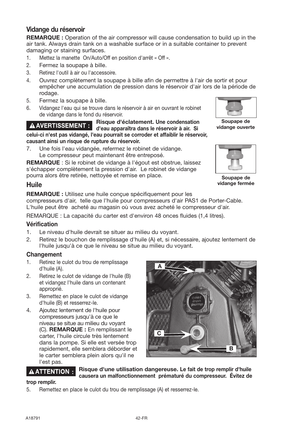 Vidange du réservoir, Huile | Excell Precision E7540 User Manual | Page 42 / 78