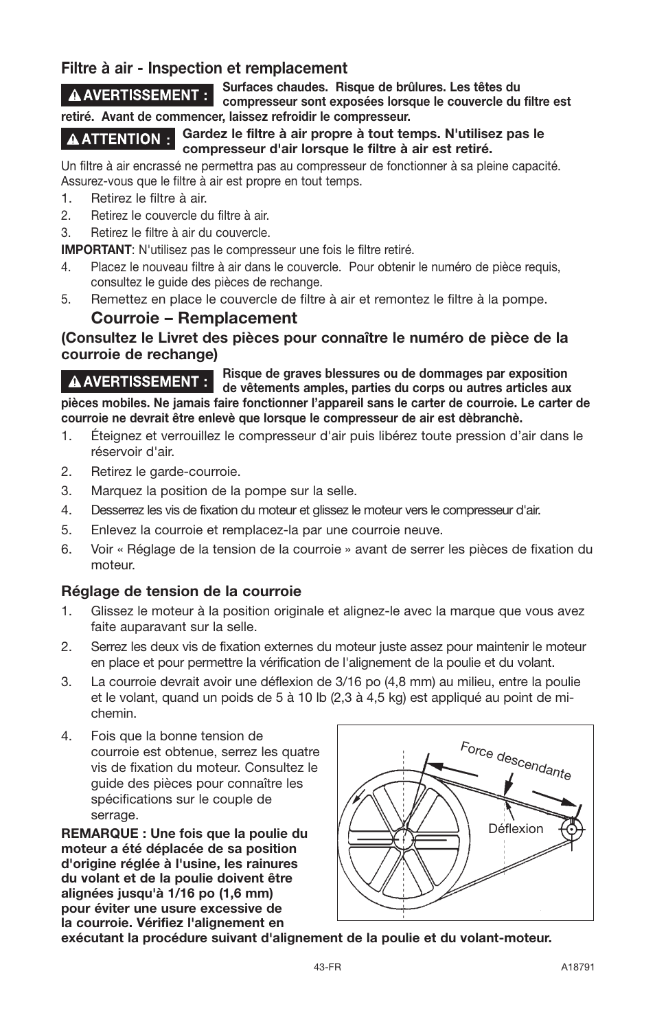 Filtre à air - inspection et remplacement, Courroie – remplacement | Excell Precision E7540 User Manual | Page 43 / 78