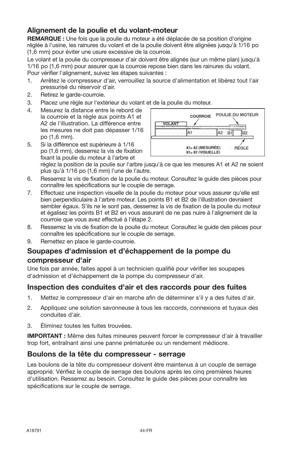 Alignement de la poulie et du volant-moteur, Boulons de la tête du compresseur - serrage | Excell Precision E7540 User Manual | Page 44 / 78