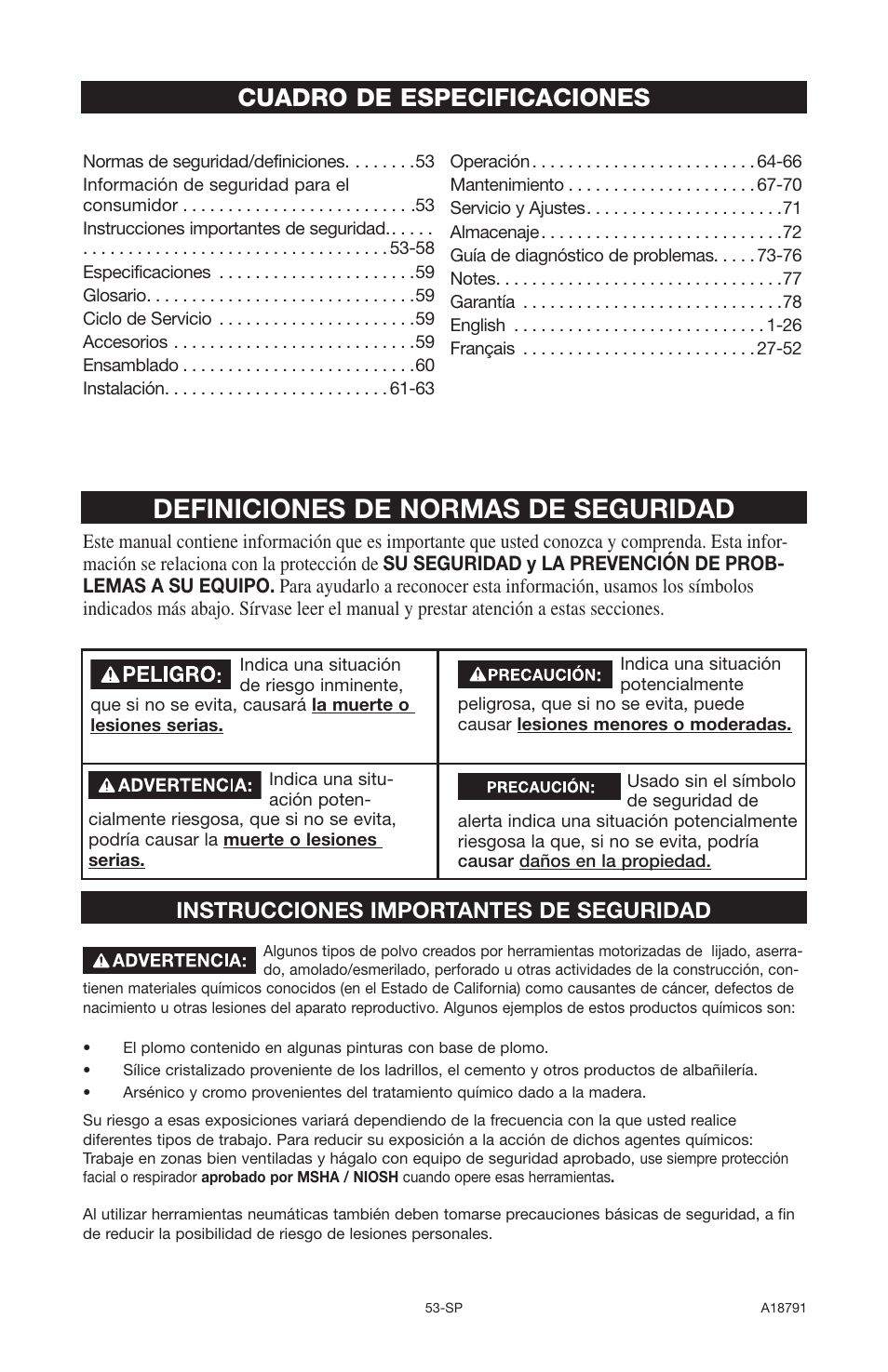 Definiciones de normas de seguridad, Cuadro de especificaciones, Instrucciones importantes de seguridad | Excell Precision E7540 User Manual | Page 53 / 78