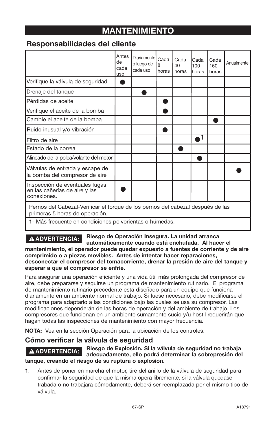 Mantenimiento, Responsabilidades del cliente, Cómo verificar la válvula de seguridad | Excell Precision E7540 User Manual | Page 67 / 78