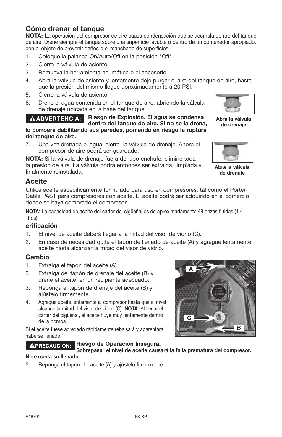 Cómo drenar el tanque, Aceite | Excell Precision E7540 User Manual | Page 68 / 78
