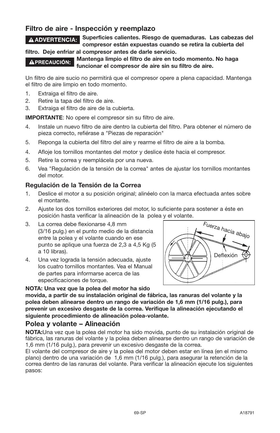 Filtro de aire - inspección y reemplazo, Polea y volante – alineación | Excell Precision E7540 User Manual | Page 69 / 78
