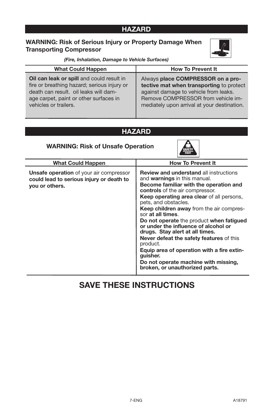 Save these instructions, Hazard | Excell Precision E7540 User Manual | Page 7 / 78
