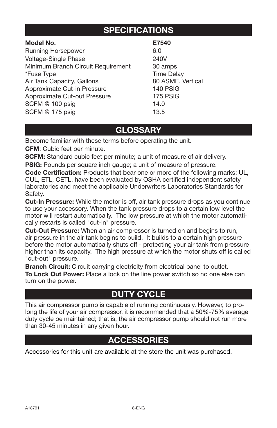Specifications, Glossary, Duty cycle | Accessories | Excell Precision E7540 User Manual | Page 8 / 78