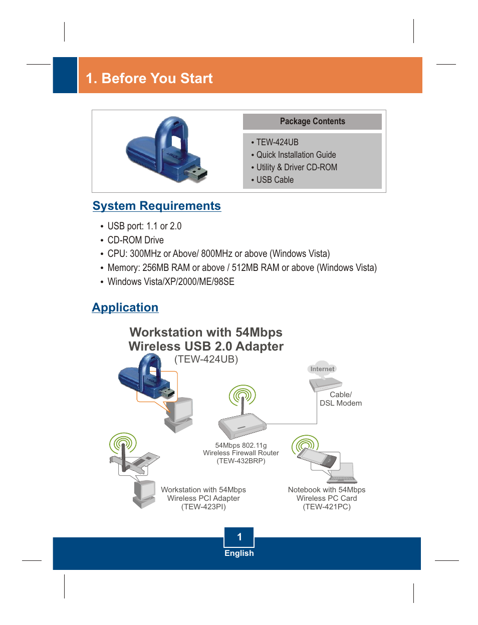 Before you start, Workstation with 54mbps wireless usb 2.0 adapter, System requirements application | Entrega Technologies TEW-424UB User Manual | Page 3 / 12