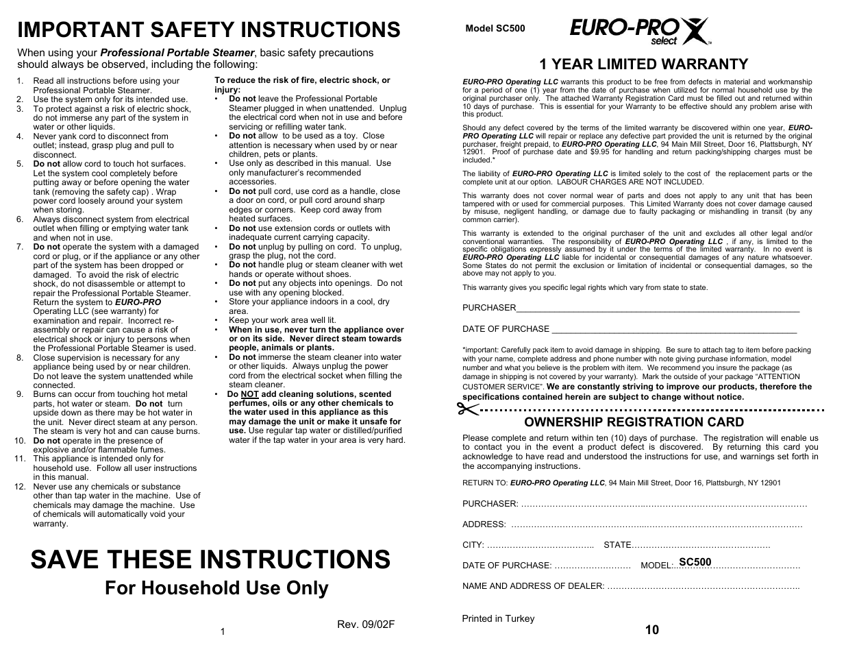 Save these instructions, Important safety instructions, For household use only | 1 year limited warranty, Ownership registration card | Euro-Pro SC500 User Manual | Page 2 / 6