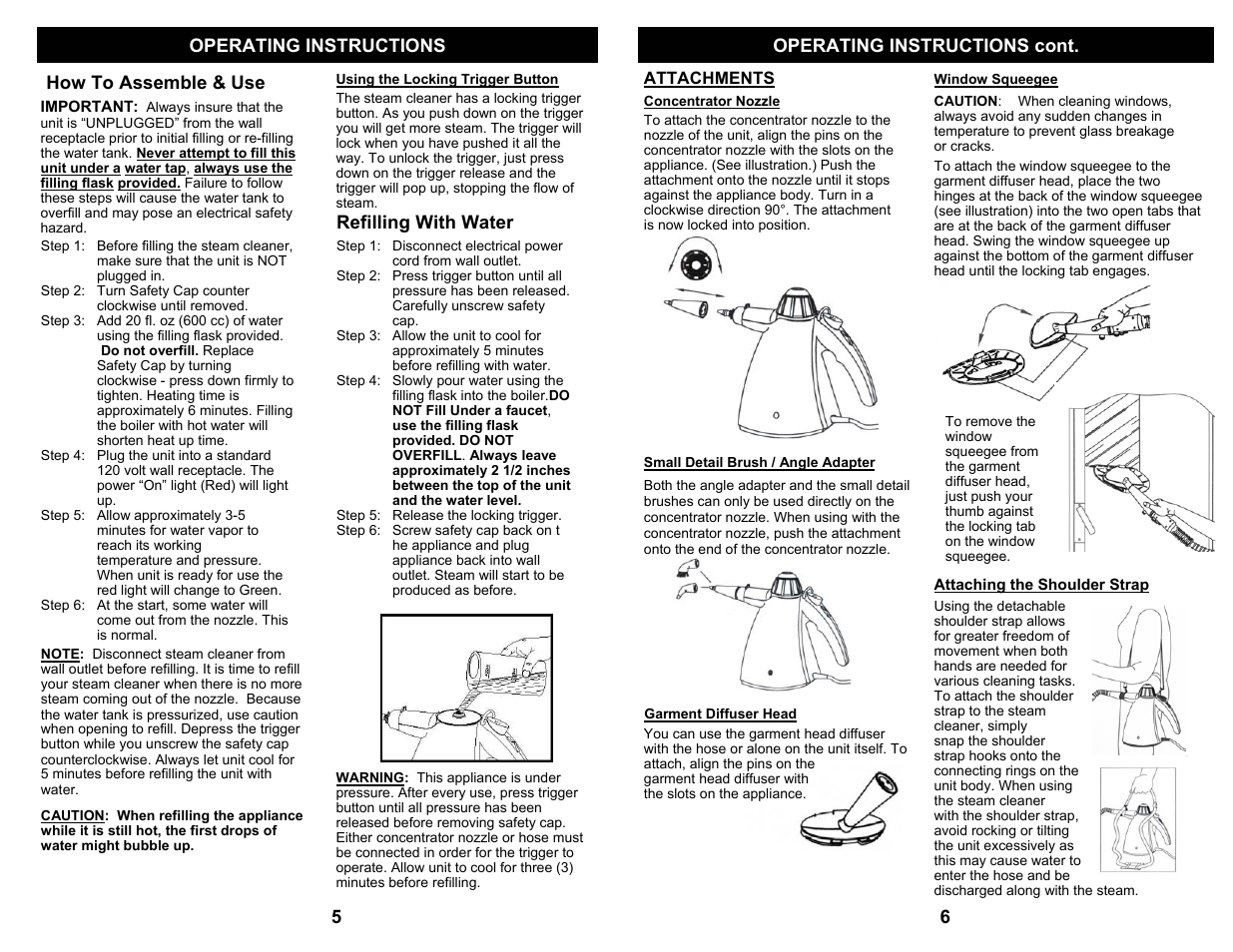 How to assemble & use, Refilling with water, Operating instructions | Operating instructions cont | Euro-Pro SC500 User Manual | Page 6 / 6