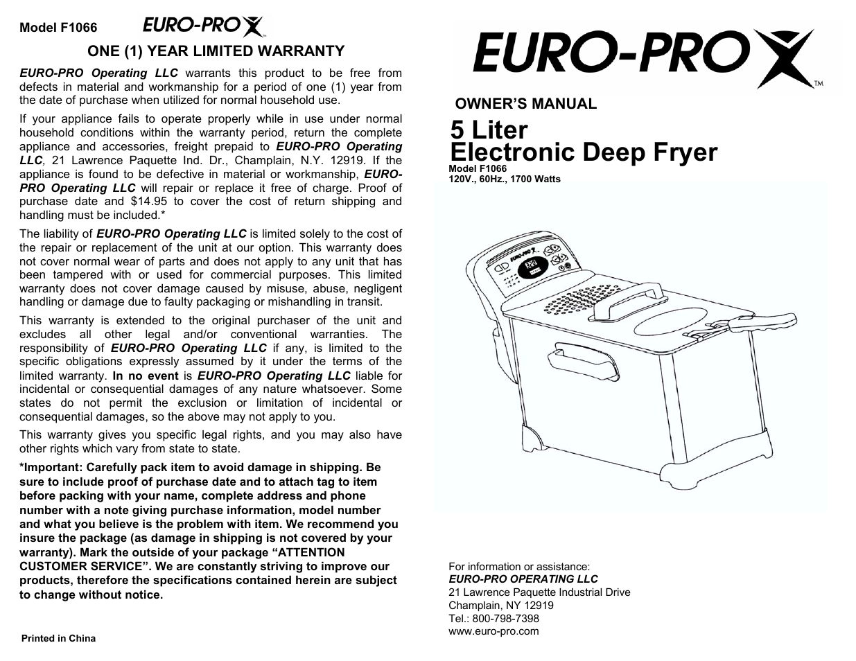 Euro-Pro ELECTRONIC DEEP FRYER F1066 User Manual | 6 pages