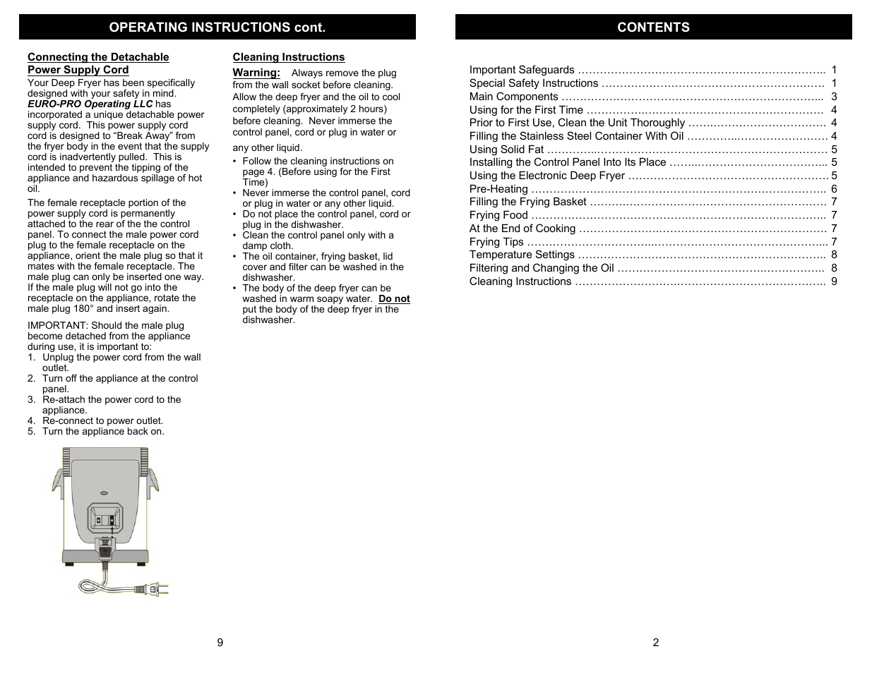 Operating instructions cont. contents | Euro-Pro ELECTRONIC DEEP FRYER F1066 User Manual | Page 3 / 6