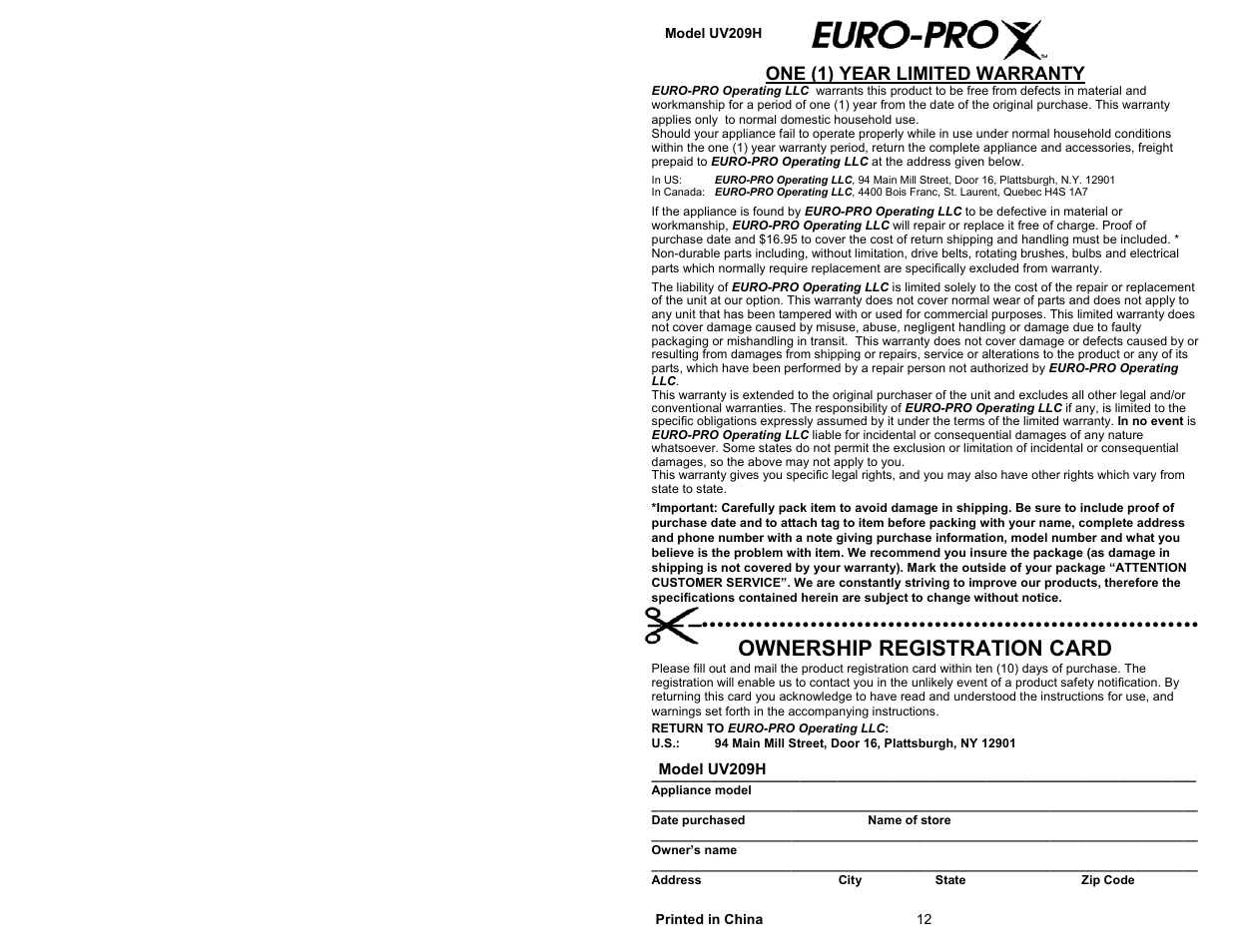 Ownership registration card, One (1) year limited warranty | Euro-Pro UV209H User Manual | Page 2 / 8