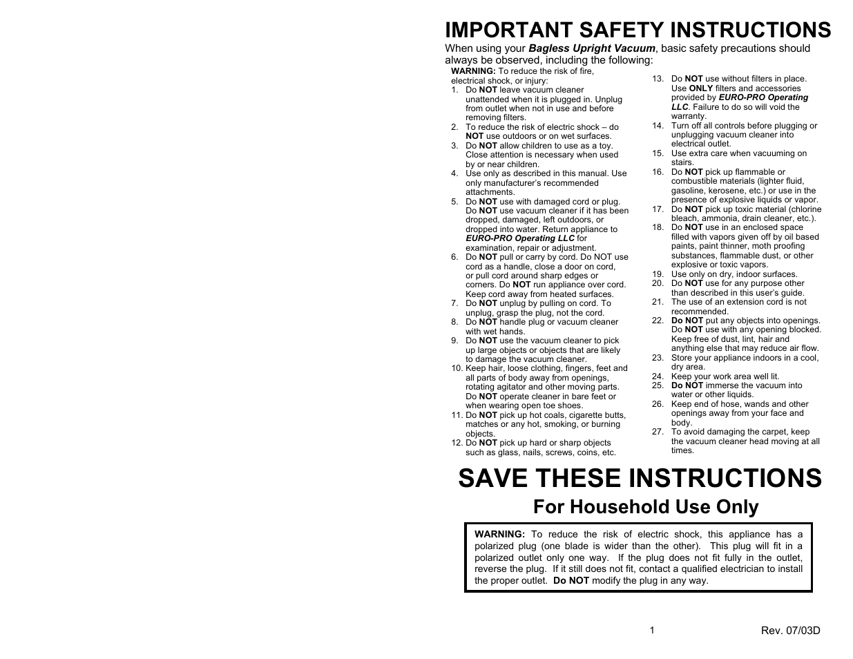 Save these instructions, Important safety instructions, For household use only | Euro-Pro UV209H User Manual | Page 3 / 8