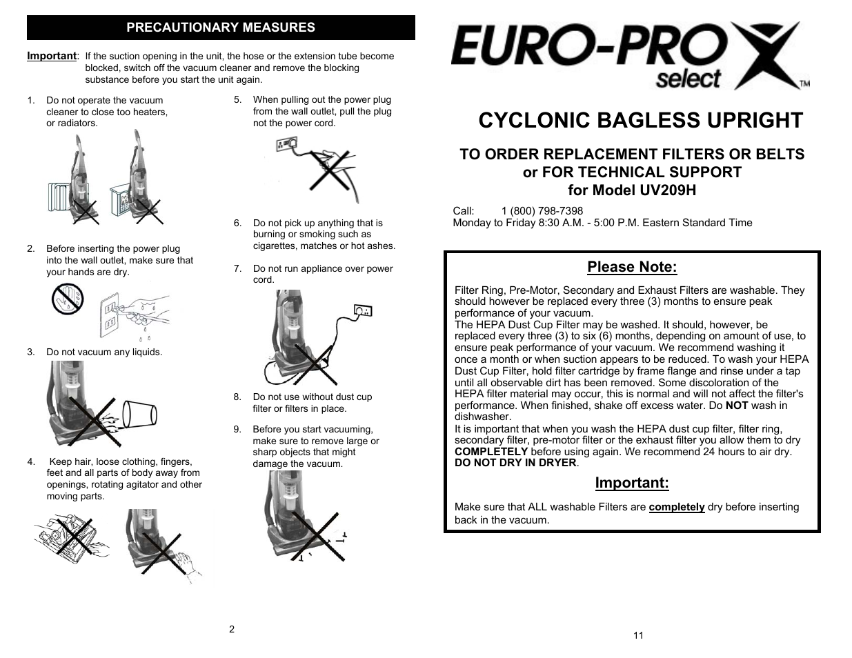Cyclonic bagless upright, Important | Euro-Pro UV209H User Manual | Page 4 / 8