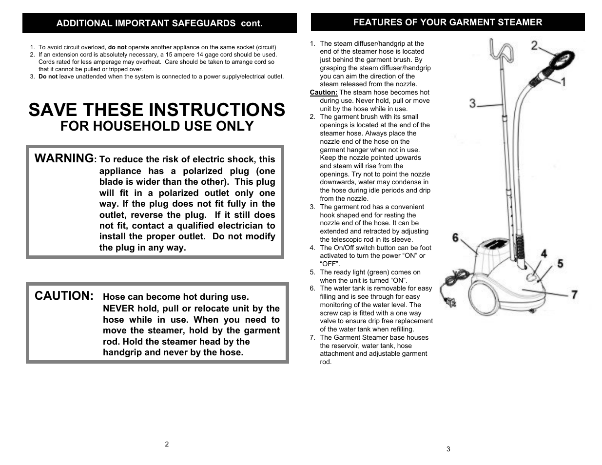 Save these instructions, For household use only, Warning | Caution | Euro-Pro SC620 User Manual | Page 2 / 6