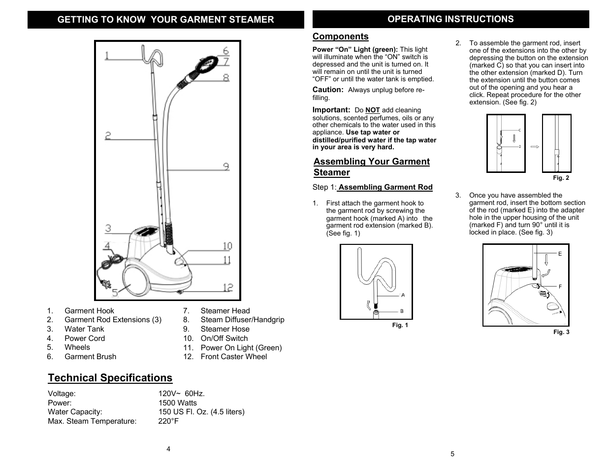 Technical specifications | Euro-Pro SC620 User Manual | Page 3 / 6