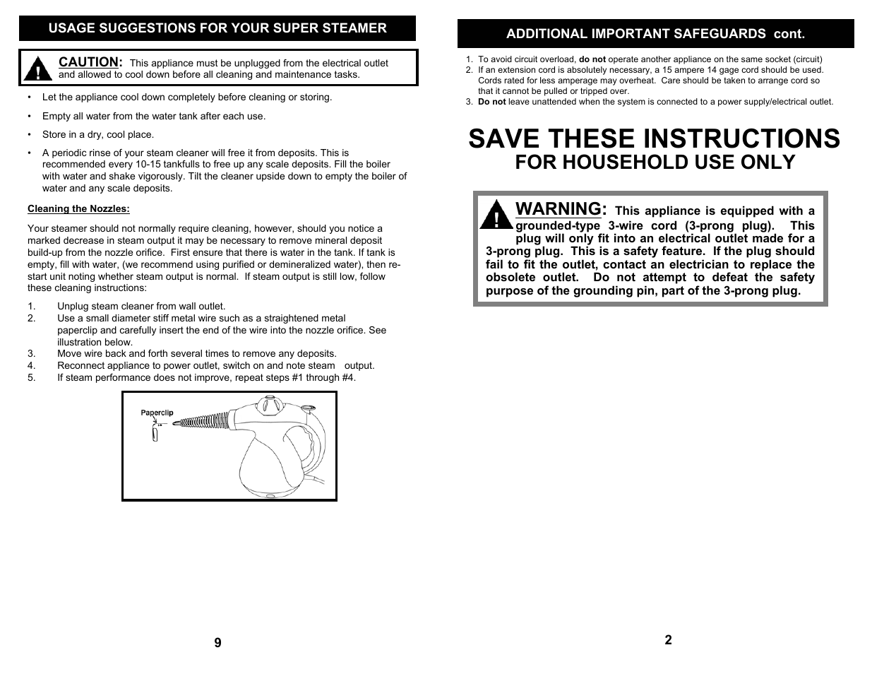 Save these instructions, For household use only, Warning | Euro-Pro SUPER STEAMER SC710 S User Manual | Page 3 / 6