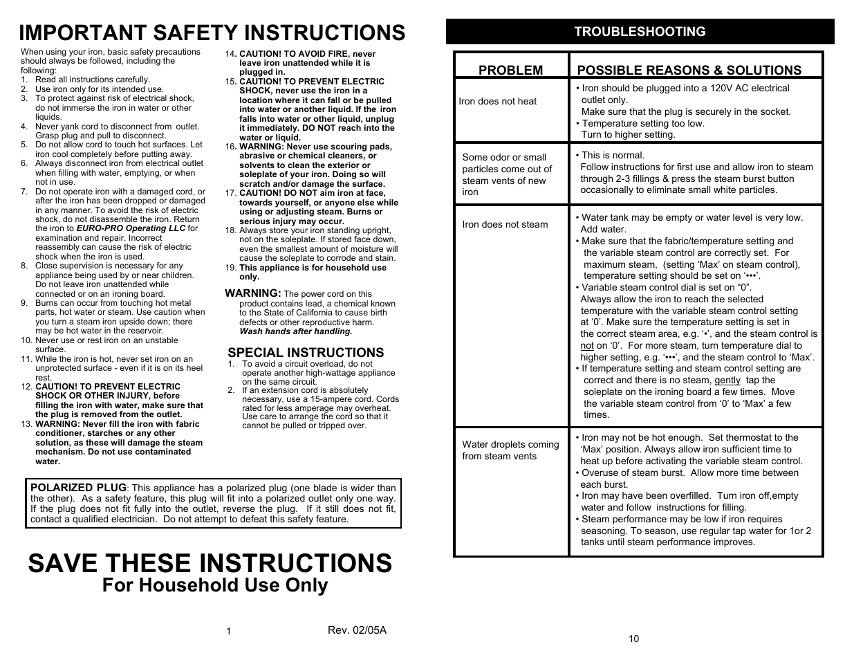 Save these instructions, Important safety instructions, For household use only | Special instructions | Euro-Pro GI495H User Manual | Page 2 / 6