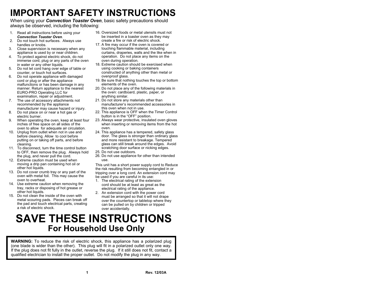 Save these instructions, Important safety instructions, For household use only | Euro-Pro EP278 NP User Manual | Page 2 / 6