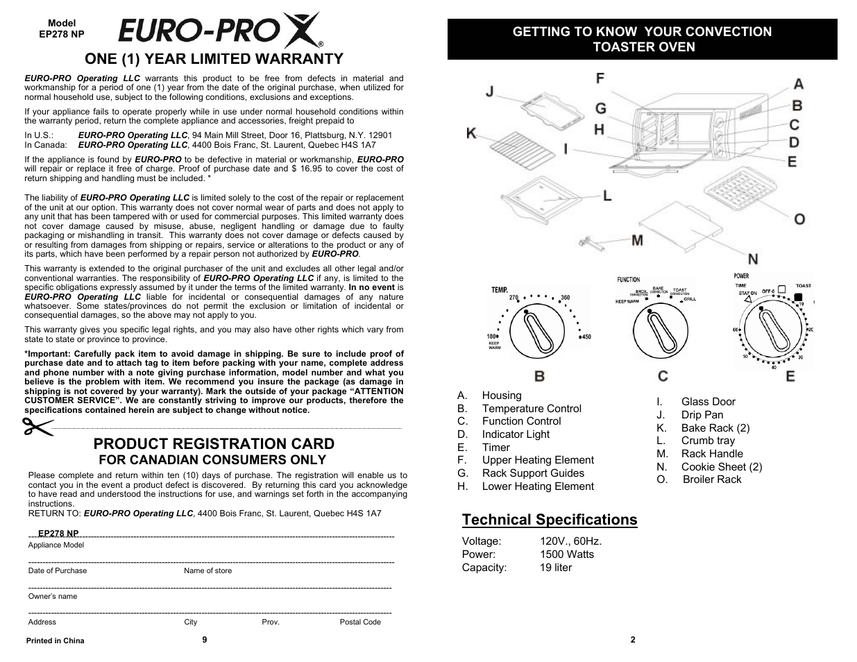 Technical specifications, Product registration card, One (1) year limited warranty | Getting to know your convection toaster oven, For canadian consumers only | Euro-Pro EP278 NP User Manual | Page 3 / 6